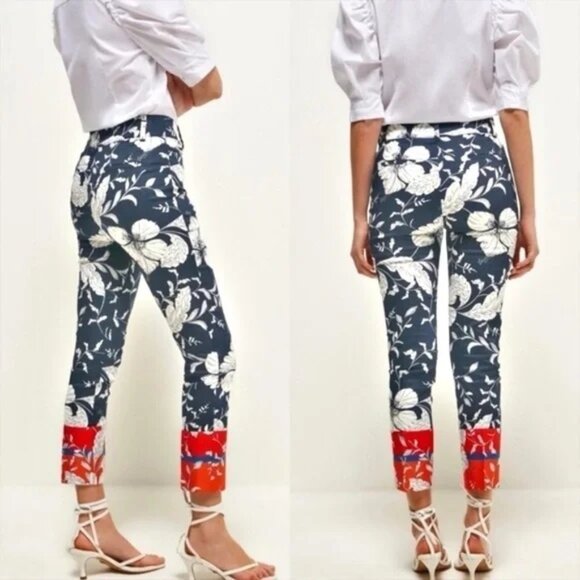 ZARA Women's Cotton Floral Cropped Trousers Pants Size 6 - Picture 1 of 9